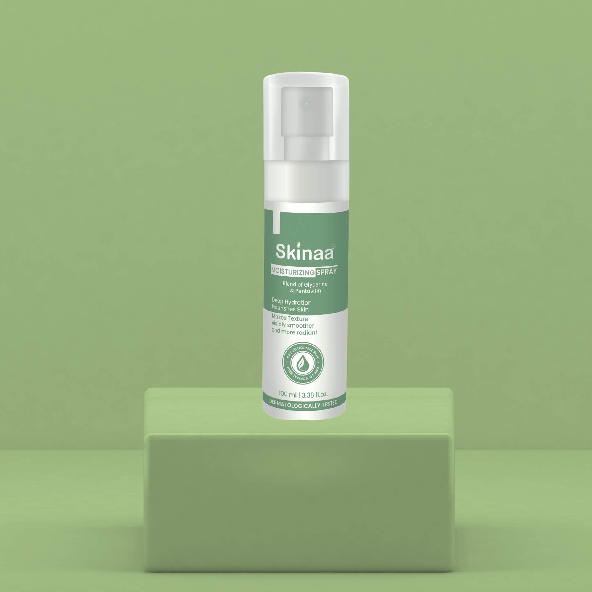Skinaa Moisturizing Spray bottle displayed on a green background, lightweight hydrating mist for soft, refreshed, and glowing skin
